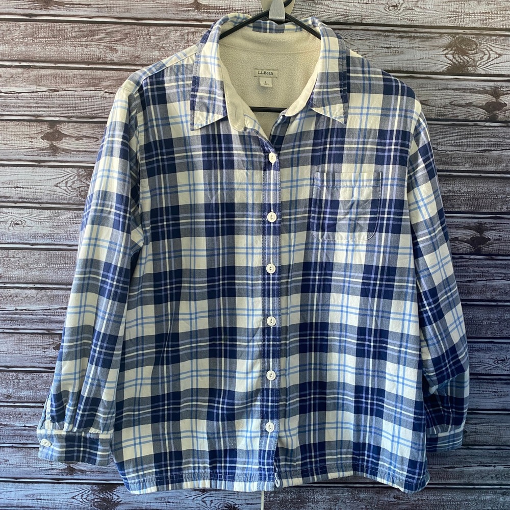 LL Bean Women's Lined Long-Sleeved Button-Down Top Size L Petite Blue Plaid